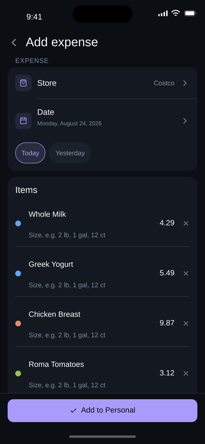 Adding a scanned receipt with line items
